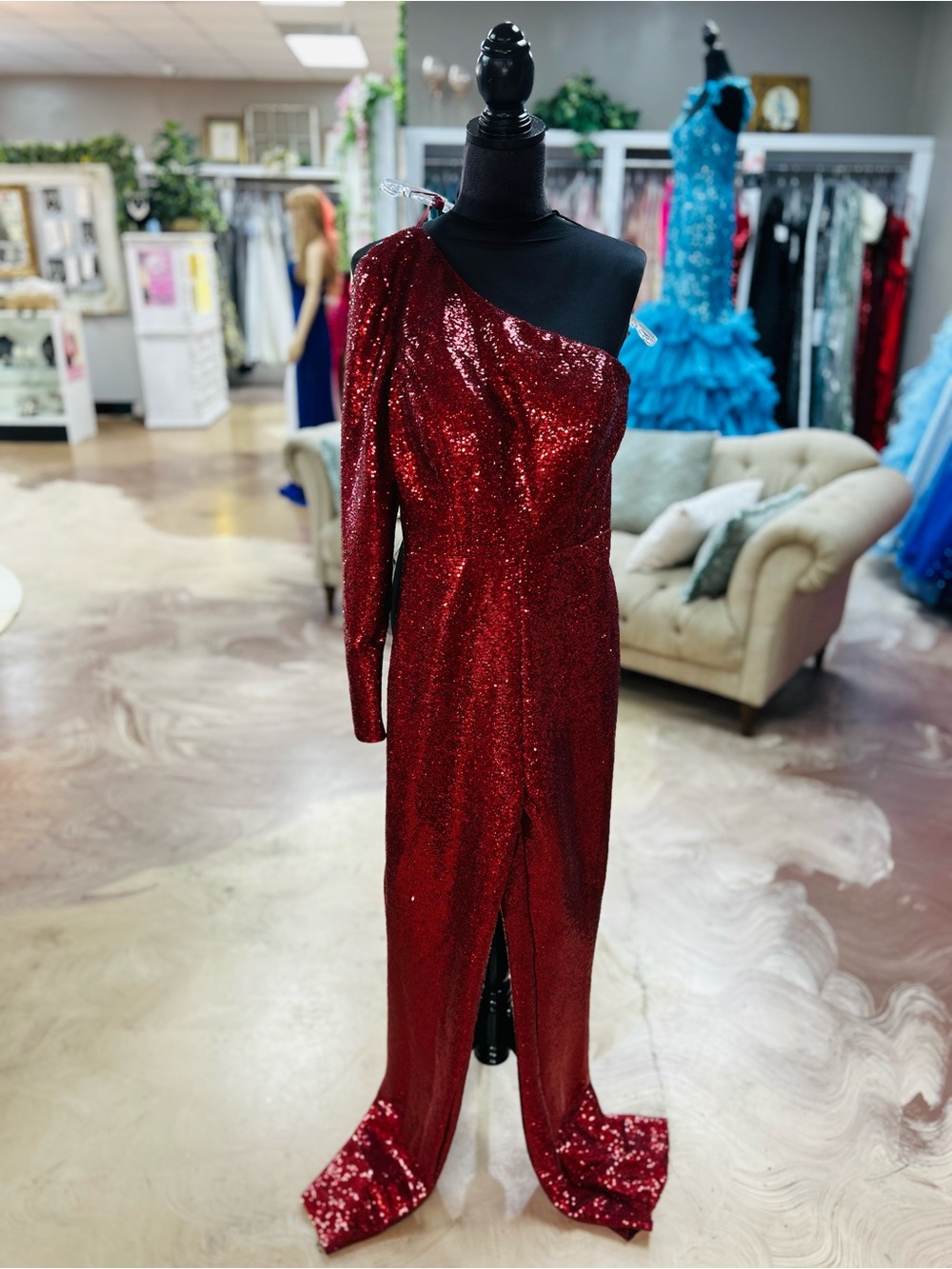 Glam One-Shoulder Red Sequin Prom Gown
